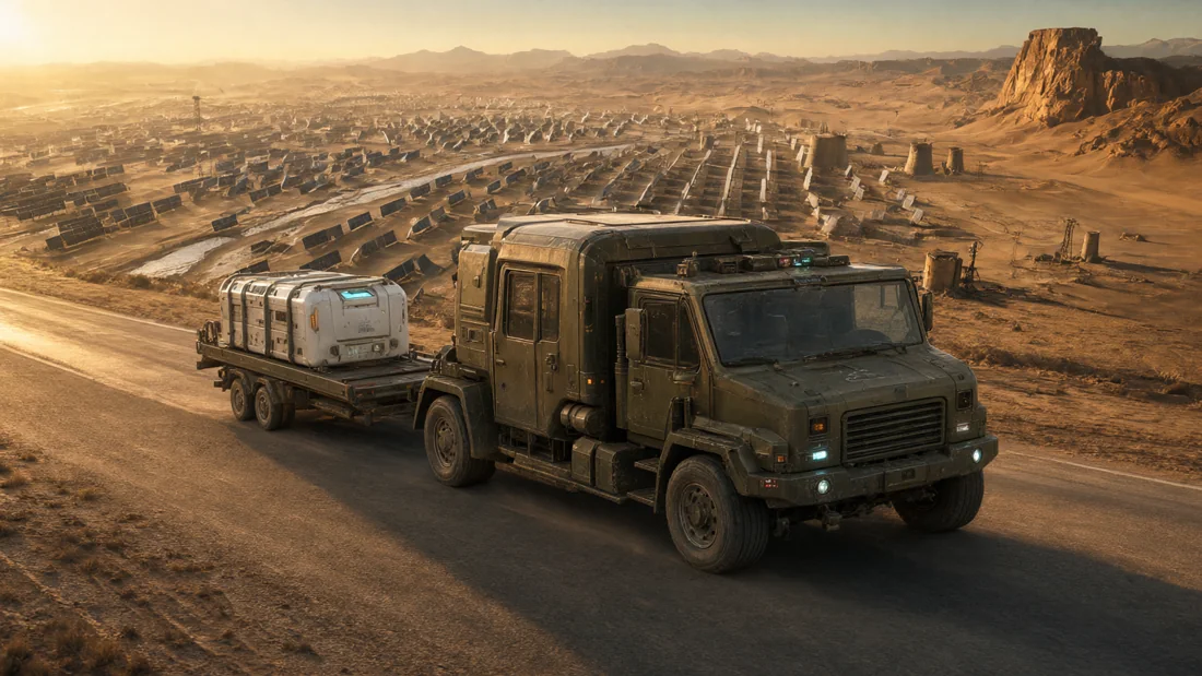 Convoi dans un désert de roche et de sable.
