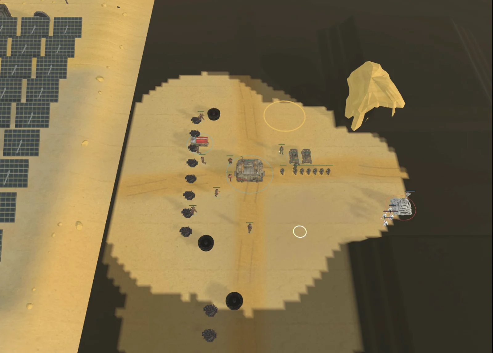 Vue de la mission 3 dans le moteur du jeu, avec le terrain et les unités vus du dessus.