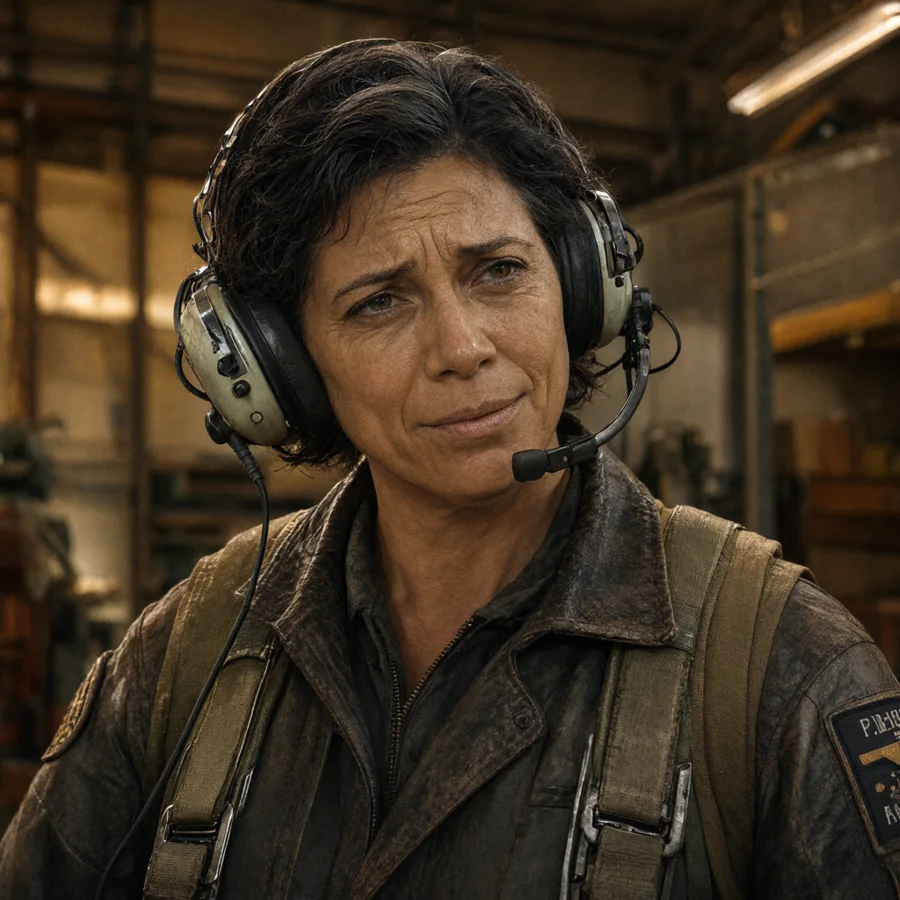 Iris Vasseur, pilote du Front Analogique, avec son casque radio et sa veste de terrain.
