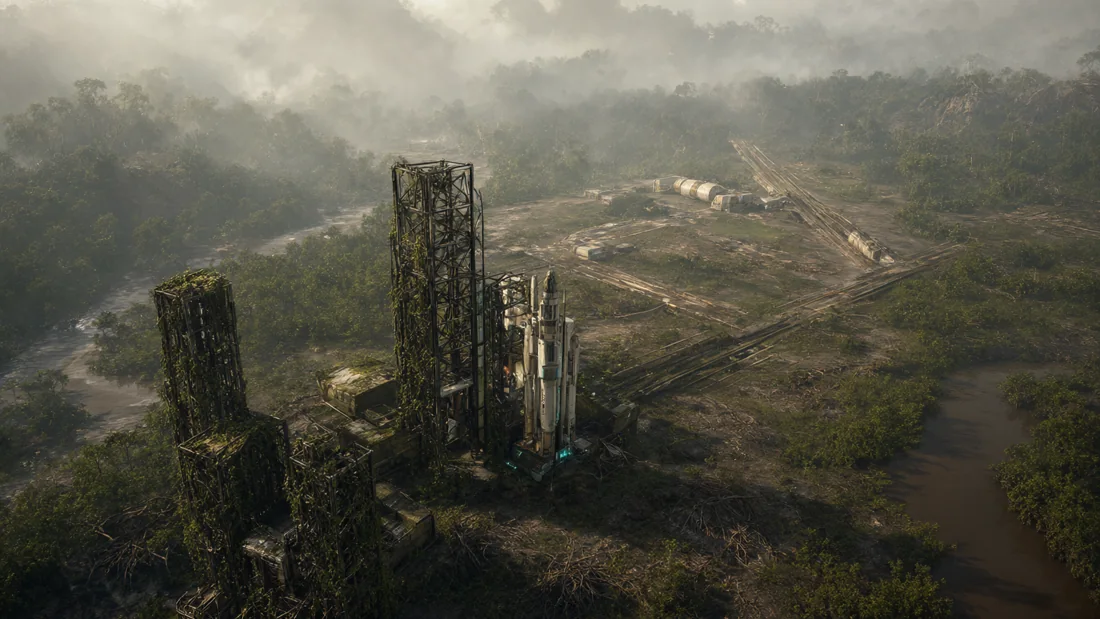 Un astroport entouré de jungle.