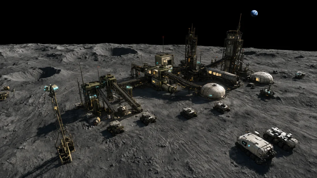 Des installations sur le sol lunaire sous un ciel noir.