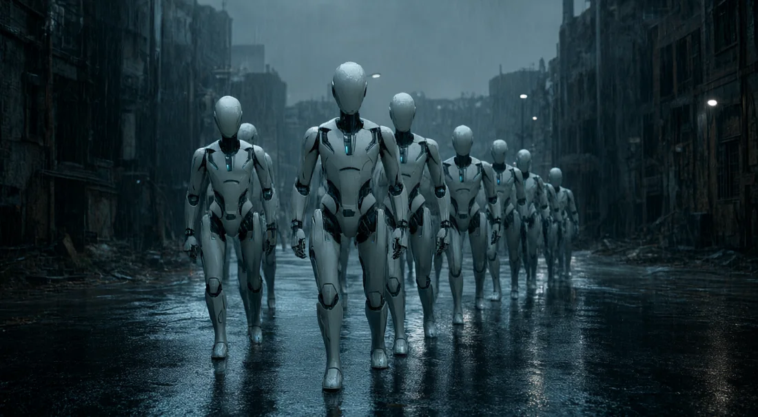 Des Mandataires blancs et sans visage avancent dans une rue sous la pluie.